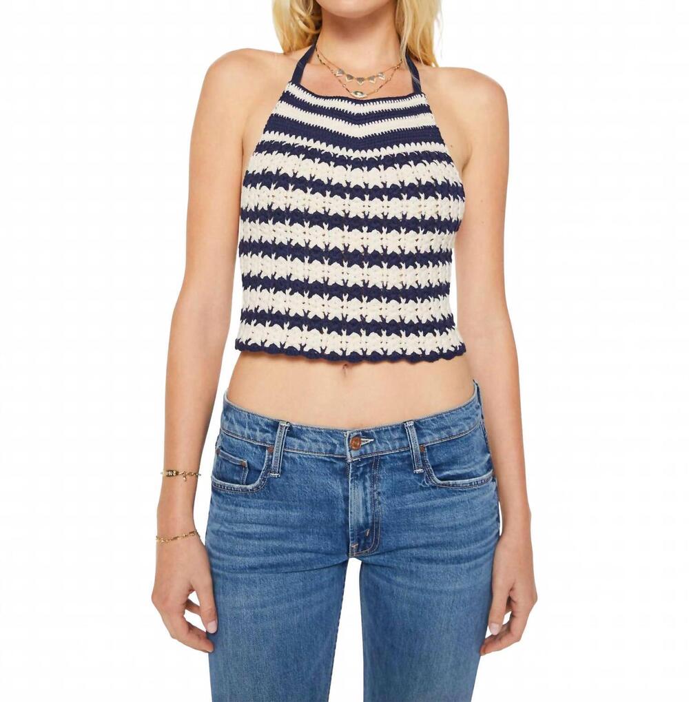 NEW MOTHER sunburn knit halter top in navy/ ivory